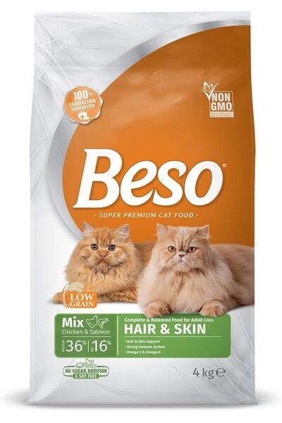 Beso طعام للقطط البالغة، بنكهة الدجاج والسلمون، 4 كجم، طعام جاف، تركيبة للعنا...