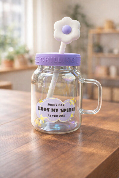 Kitchen Way 1000ml Borosilicate Luster Cute Glass Flask with Patterned Straw ...