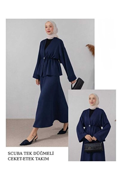 butik hira Scuba One Button Skirted Suit