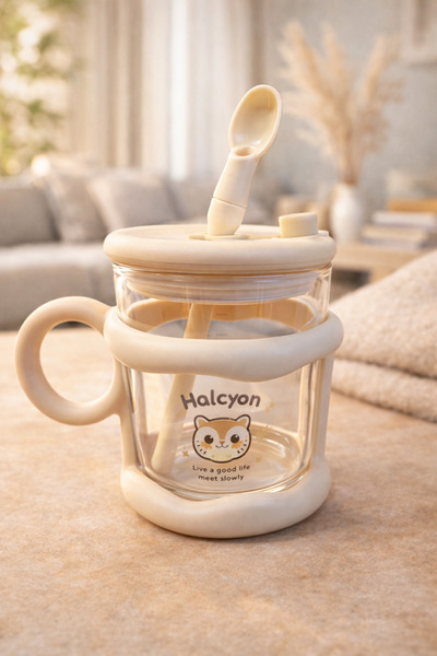 Kitchen Way Cute Glass Water Bottle with Straw and Spoon 450ml Suitable for D...