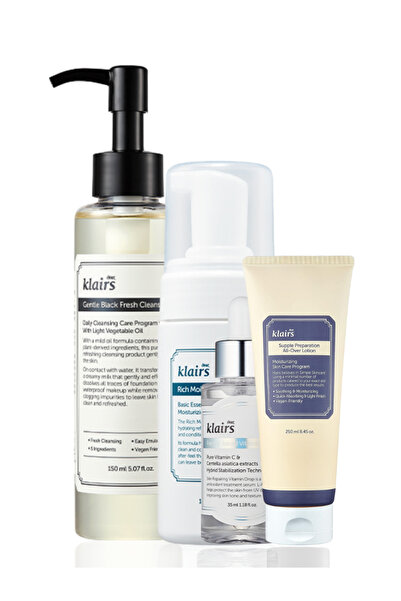 Klairs مجموعة العناية بالبشرة المرطبة والمتألقة – زيت منظف، منظف رغوي، قطرات ...