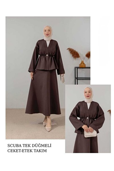 butik hira Scuba One Button Skirted Suit