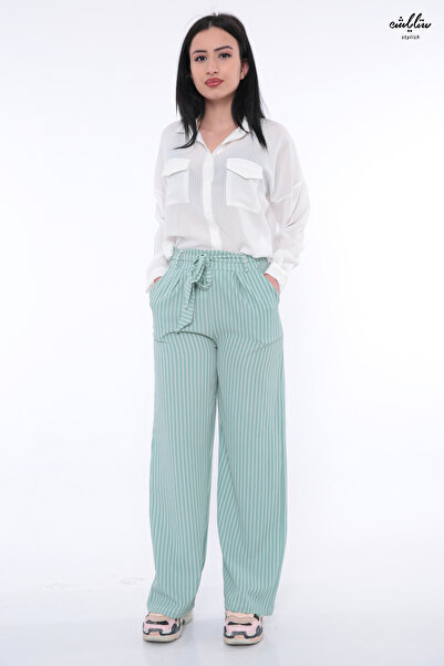 Stylish Women's black trousers with olive and white stripes