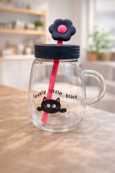 Kitchen Way 1000ml Borosilicate Luster Cute Glass Flask with Patterned Straw ...