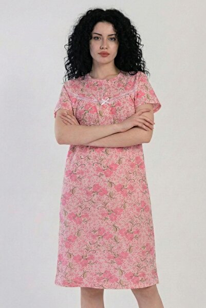 cotonhause Women's Short Sleeve Floral Print Pink Color Nightgown - Buttoned,...