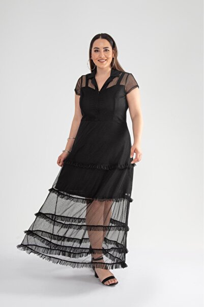 Roxxlen Γυναικείο φόρεμα μεγάλου μεγέθους με φερμουάρ και μαύρη δαντέλα