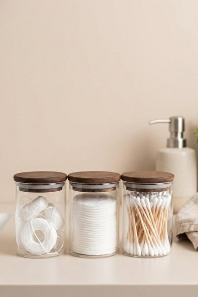 hapeed طقم حمام زجاجي خشبي نقي مع غطاء مفرغ الهواء مكون من 3 قطع: خيط تنظيف ا...