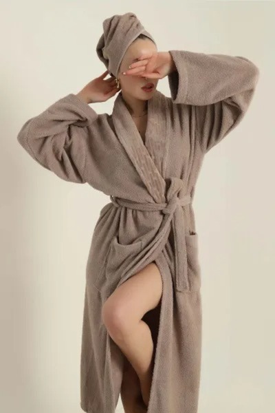 Bella Home Su Yolu 2 Piece Bathrobe Set - Bathrobe & Head Towel - 100% Cotton