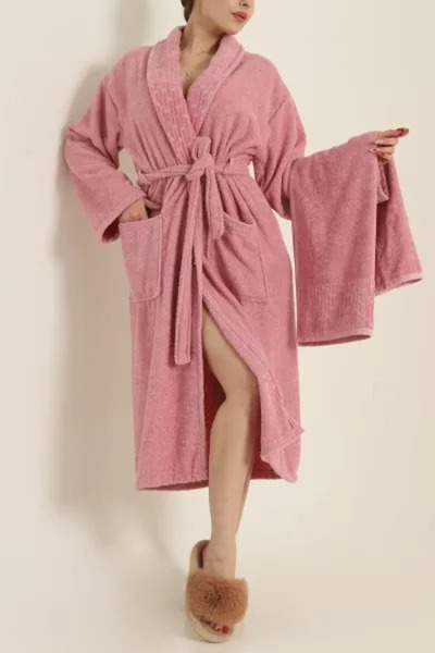 Bella Home Su Yolu 2 Piece Bathrobe Set - Bathrobe & Head Towel - 100% Cotton
