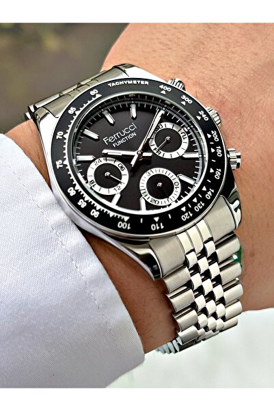 Ferrucci Men's Wristwatch with Function Silver-Black Color Steel Band Frc2035Mr