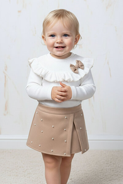 Rocha Baby Rocha Kız Bebek Bej İncili Scuba Şort Etekli 2'li Takım - Fırfırlı...