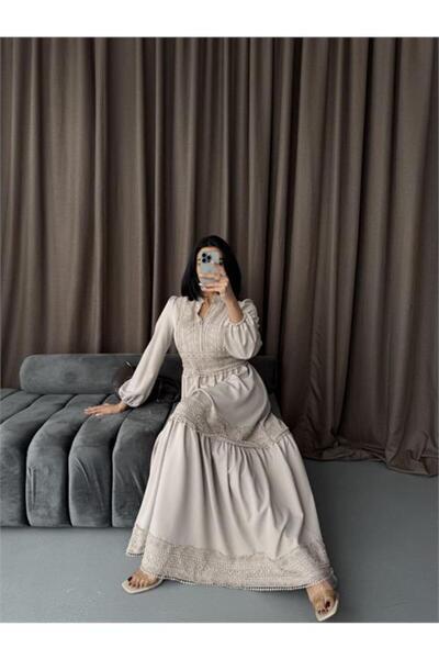 Neşeli Butik Women Mink Atlas Fabric Lace Detailed Dress Nbms2517