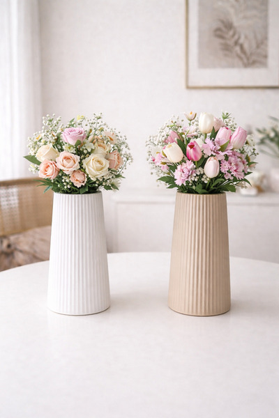 VENİV 2 Pieces Plastic Vase 20 cm White & Beige Iskandiv Design