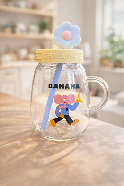 Kitchen Way 1000ml Borosilicate Luster Cute Glass Flask with Patterned Straw ...