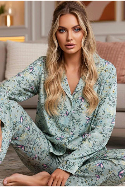 Siyah İnci Mint Green Flower Patterned Long Sleeve Buttoned Pajama Set 7926