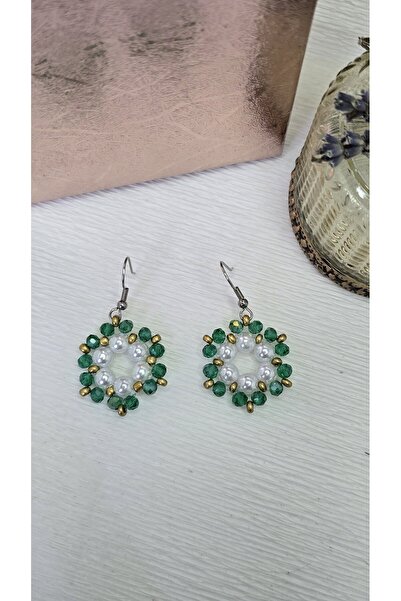 Amma Design Handmade round earrings with pearls and green crystals, 3 cm, sta...