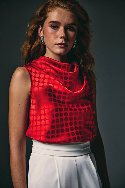 Sateen Polka Dot Patterned Sleeveless Blouse - Red
