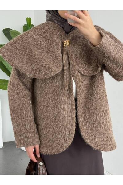 belemirmoda Women's Mink Plush Short Coat – Cape Collar Brooch Detail Winter ...