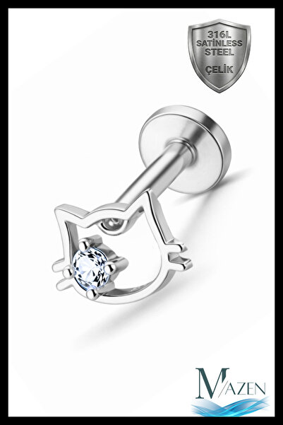 MAZEN Kedi Figürlü Tragus Helix Piercing | Çelik | Flat Back Arkası Düz | Kar...