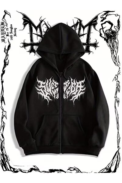 Touz Moda Gothic Design Oversize Zippered Black Unisex Hooded Cardigan