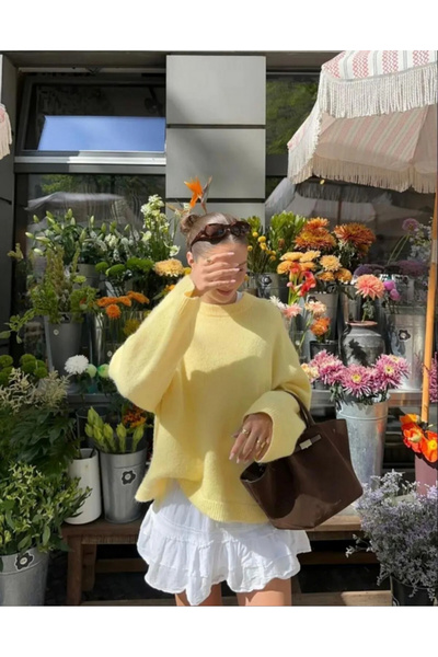 ModaAzen Sarı Bisiklet Yaka Oversize Kadın Triko Kazak