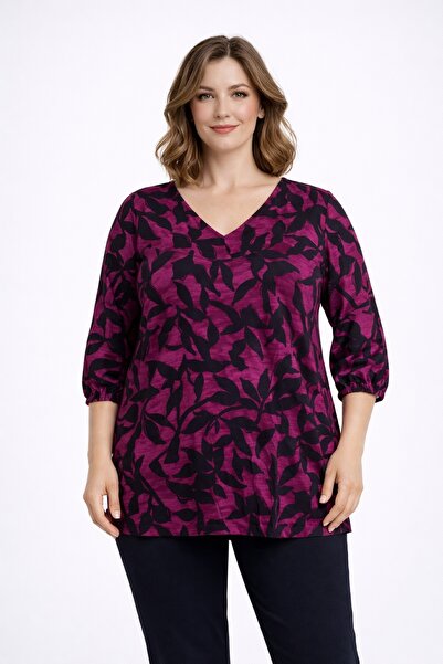 Şans Kadın Büyük Beden Siyah-Mor, V Yaka, Kol Ağzı Lastikli, Desenli Viskon B...