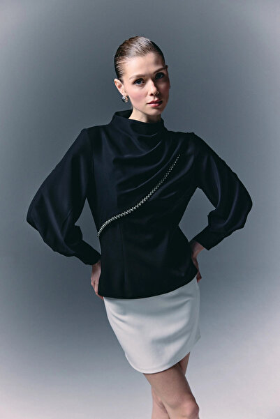 Sateen Blouse with Front Accessory - Black