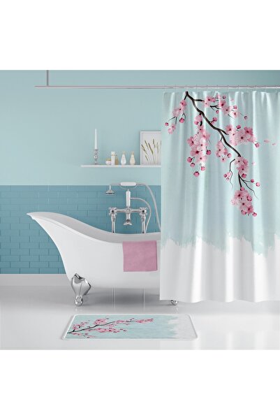 Tropikhome Banyo Duş Perdesi Sakura Desenli Dijital Baskılı Banyo Perdesi, Te...