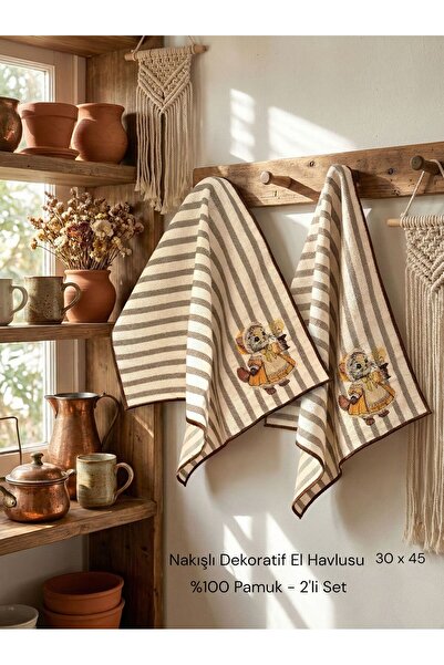 LİONYA DESİGN Vintage Kedi Nakışlı Dekoratif El Havlusu İkili Set – %100 Pamu...