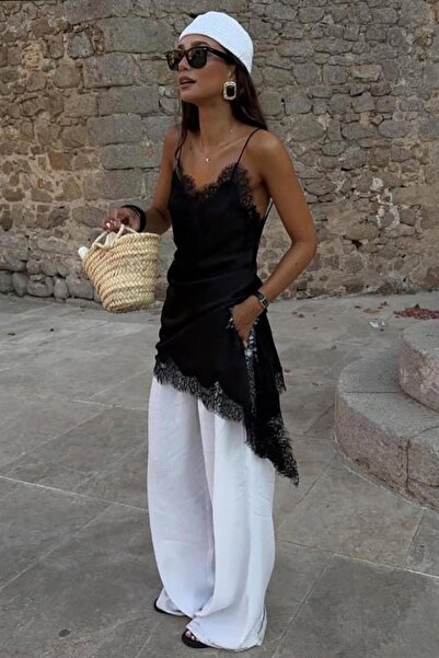 Madmext Μαύρο ασύμμετρο φόρεμα με λουράκια από σατέν MG2667