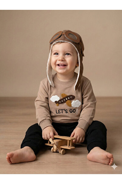 tinytrends %100 Pamuk Erkek Bebek Nakışlı İkili Takım Sweatshirt Pantolon