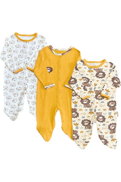 Mamara Erkek Bebek %100 Pamuklu Aslan Desenli 3'lü Tulum Seti Yeni Doğan 3-6-...