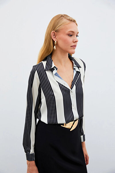 Sateen Striped Patterned Shirt - Black