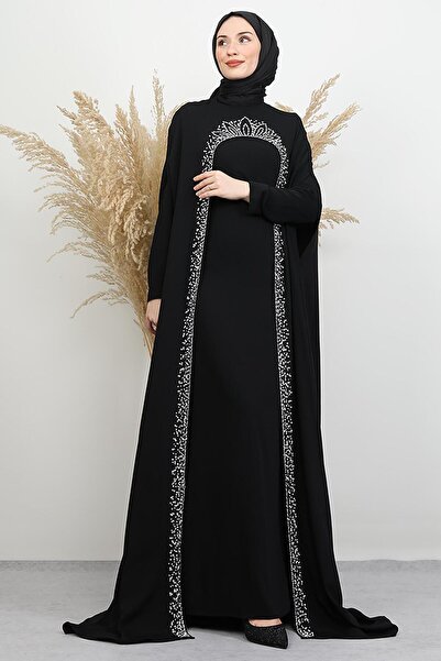 GİYZAMİLA Rochie de seară cu pelerină din perle, neagră