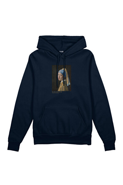 The Lucid Lab Girl with Pearl Earring O Oversized Hoodie - Navy Blue