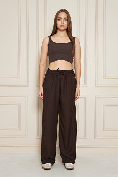 comstar Women's Trend High Waist Elastic Brown Loose Pants