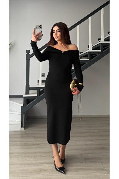 Oslove Black Off-Shoulder Accessory Detailed Knitwear Dress