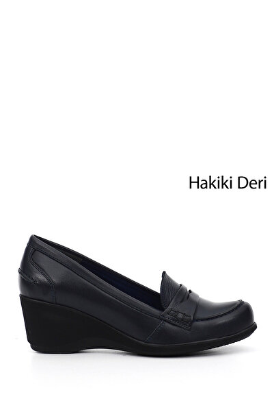 GÖNDERİ(R) Women's Navy Blue Wedge Sole Genuine Leather Loafer Shoes