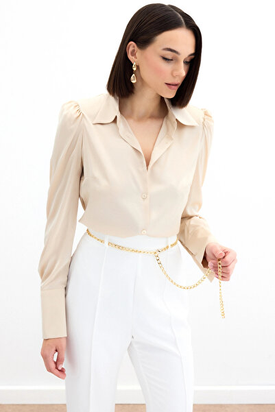 Sateen Πουκάμισο Σατέν με επένδυση - Μπεζ