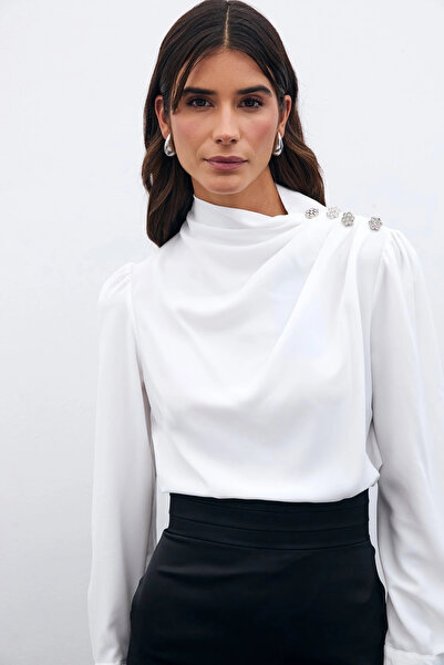 Sateen Bluză cu Detaliu Piatră pe Nasturi - Ecru