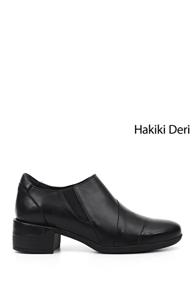 GÖNDERİ(R) Women's Black Thick Heeled Genuine Leather Shoes