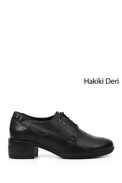 GÖNDERİ(R) Women's Black Lace-Up Medium Thick Heeled Genuine Leather Oxford S...