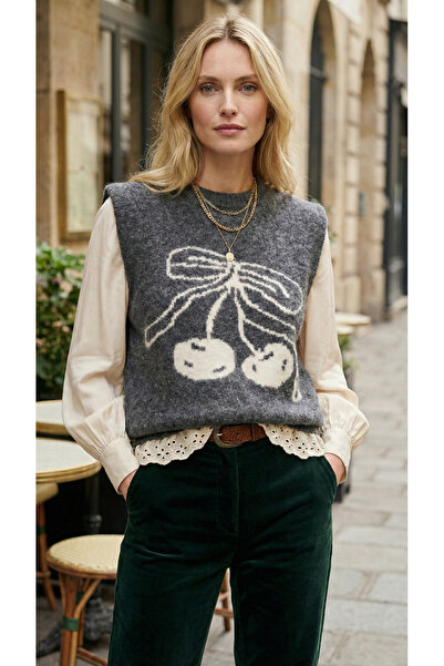 Qoolest Kadın Antrasit Yünlü Kolsuz Triko Süveter Kiraz Baskılı Korean Tarz D...