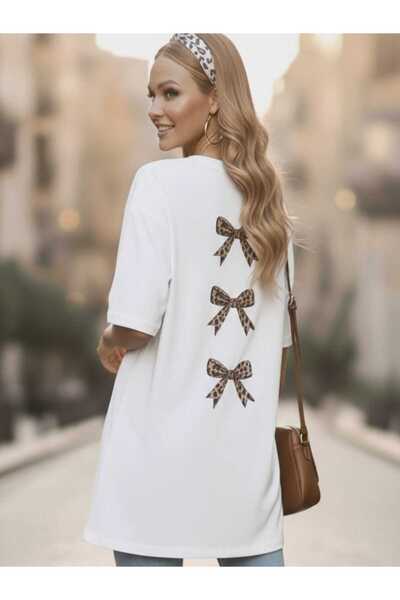 JENOLAN Women's 3-Piece Leopard Bow Back Printed Oversized T-Shirt Loose Fit