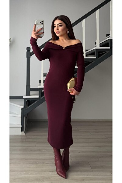 Oslove Burgundy off-the-shoulder knit dress with accessory detail