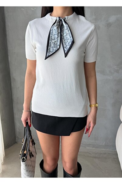 Figo Γυναικείο πλεκτό κοντομάνικο με φουλάρι και λαιμόκοψη