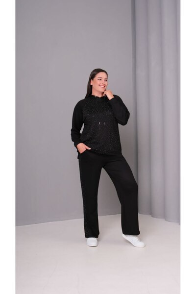 Esina Women's Crystal Fabric Flared Leg Zippered Front Stone Detailed Tracksu...