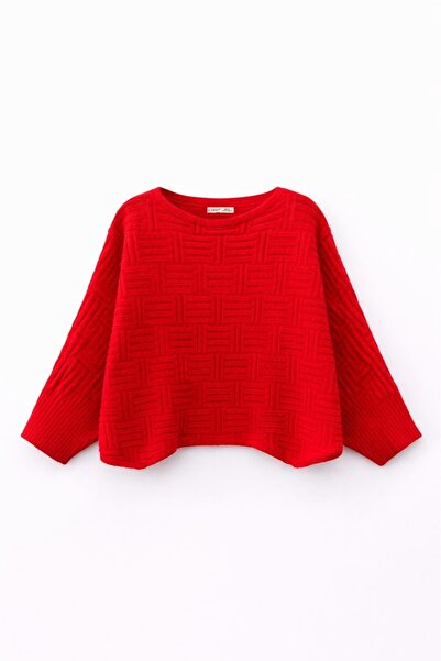 Mixray 7011 Women's Asymmetrical Textured Patterned Knit Sweater Red