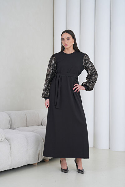 VOLT CLOTHİNG Sequin Sleeve Belted Dress