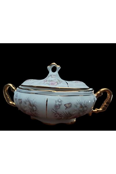 depo haki 23x13 cm. Altın Varak Süslemeli Çiçek Desenli Porselen Gondol Şekerlik